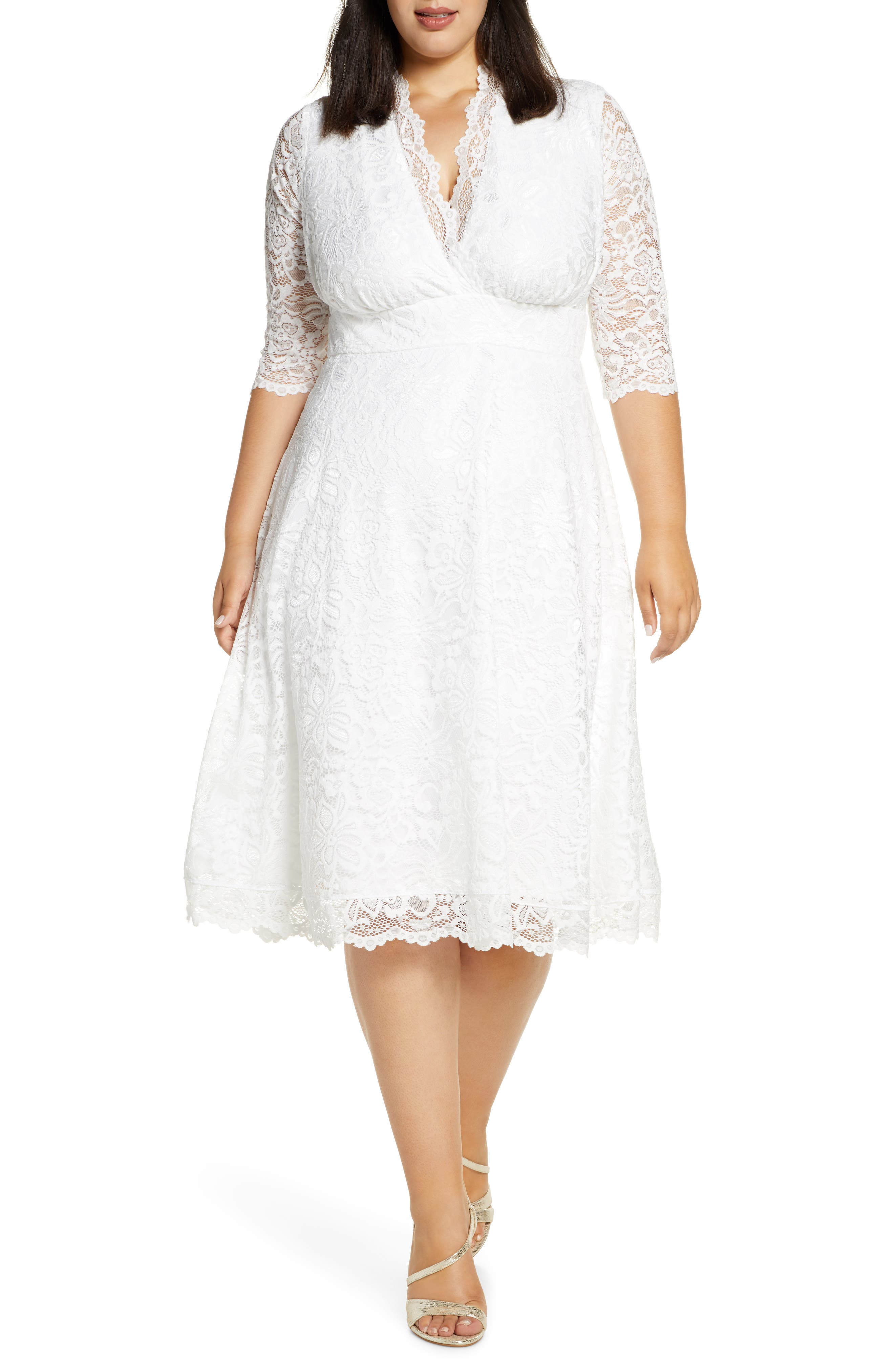 EZON-CH Womens White Floral Lace Sleeved Fit and Flare Curvy Dress M 